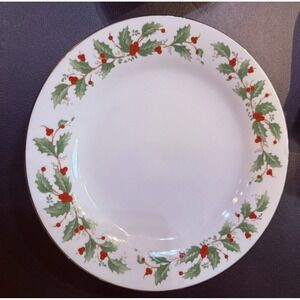 (4) China Pearl Noel Holly & Berries Dinner Plates Gold Trim 10 1/2 Inch